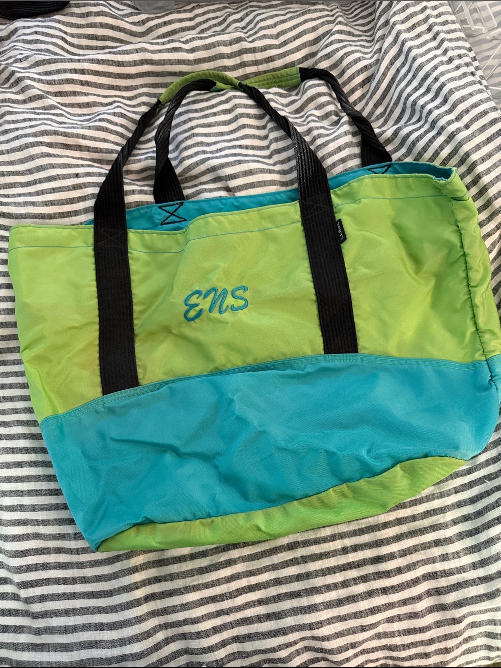 L.L. Bean Lime Green and Aqua Tote Bag with Black Handles